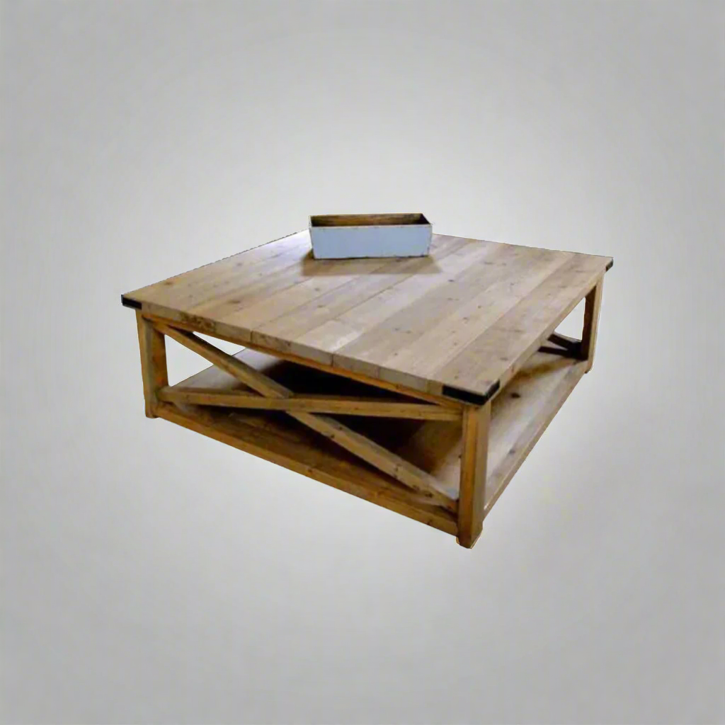 Rustic Wooden Square Coffee Table with Lower Shelf