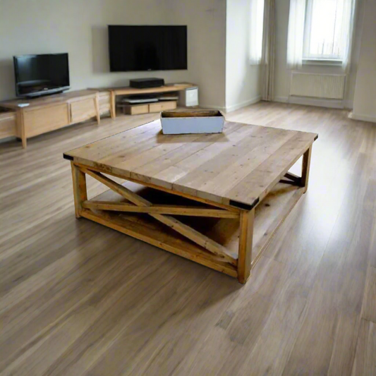 Rustic Wooden Square Coffee Table with Lower Shelf